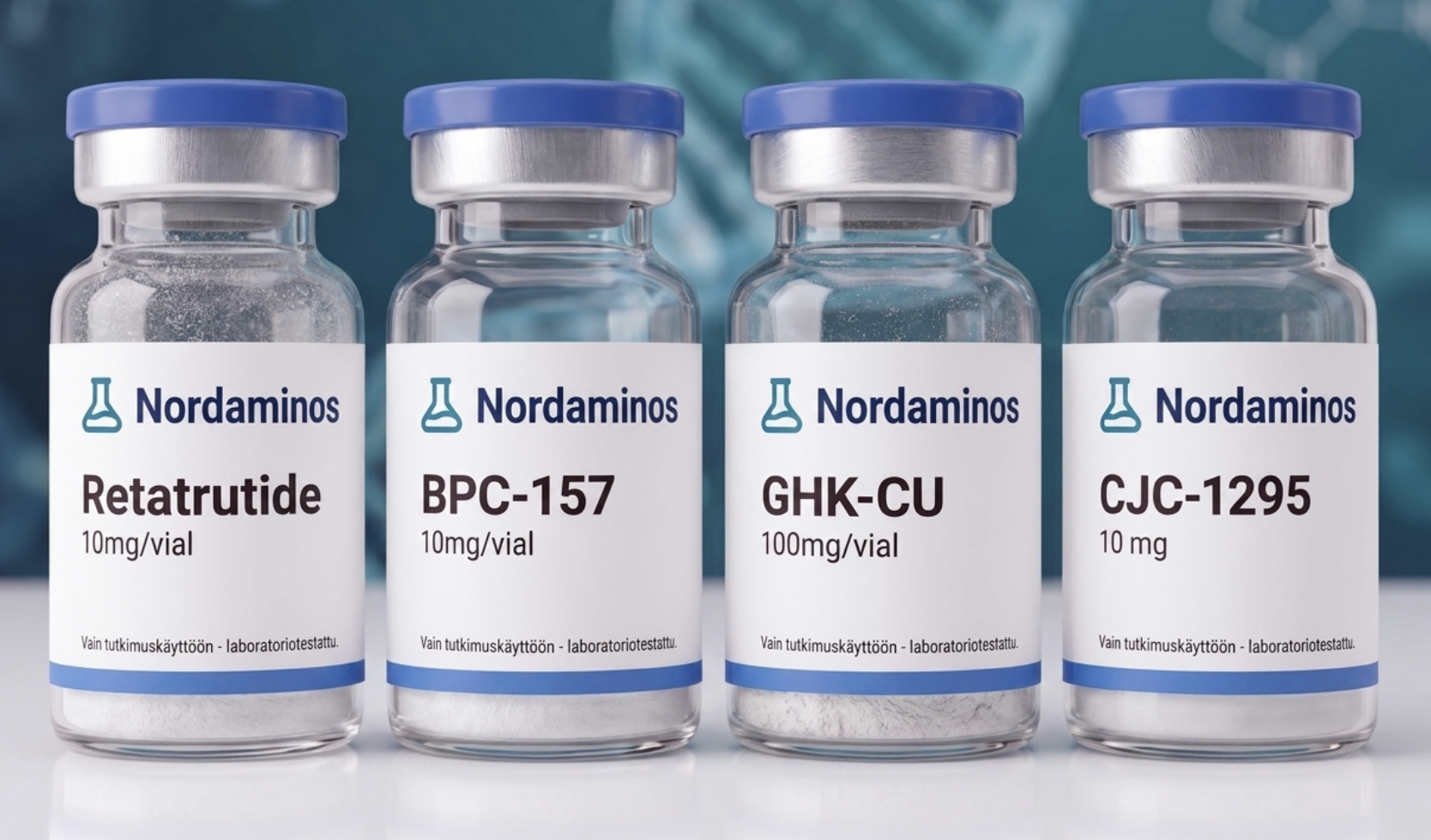 Nordaminos-tutkimuspeptidit — Retatrutide, BPC-157, GHK-Cu, CJC-1295